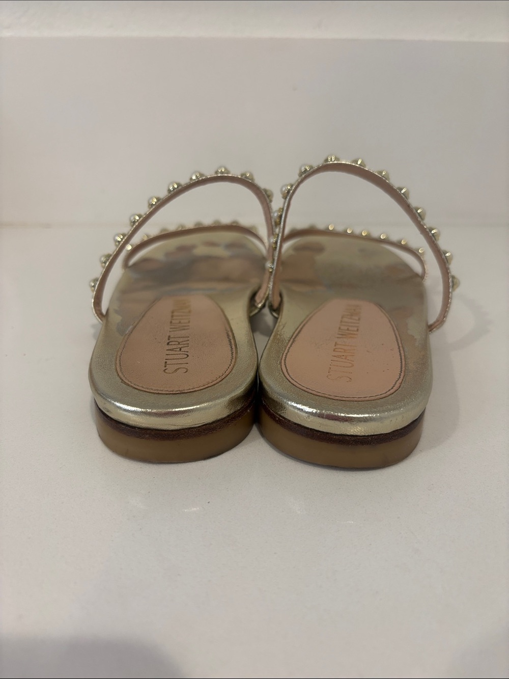 Stuart Weitzman Metallic Gold Pearl-Embellished Slide Sandal Size 8.5 - Picture 3 of 12